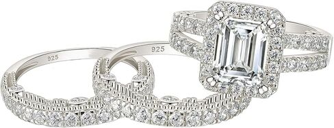 Wuziwen 4 Carat Emerald Cut Sterling Silver Engagement Rings Wedding Ring Set for Women with 3.5mm Eternity Ring for Her Vintage Cubic Zirconia Stackable Ring Enhance SZ 8 in Saudi Arabia