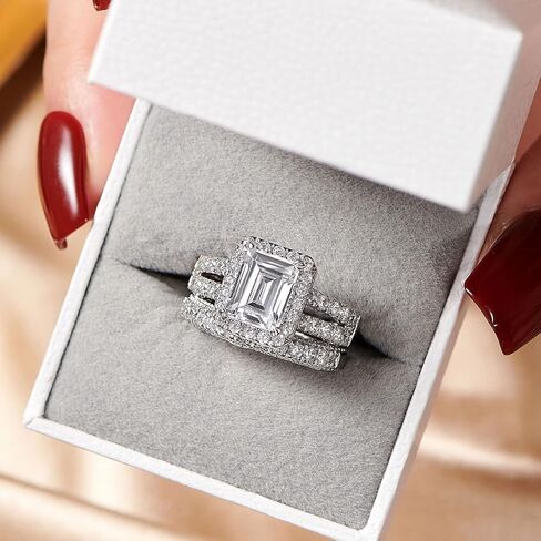Wuziwen 4 Carat Emerald Cut Sterling Silver Engagement Rings Wedding Ring Set for Women with 3.5mm Eternity Ring for Her Vintage Cubic Zirconia Stackable Ring Enhance SZ 8 in Saudi Arabia