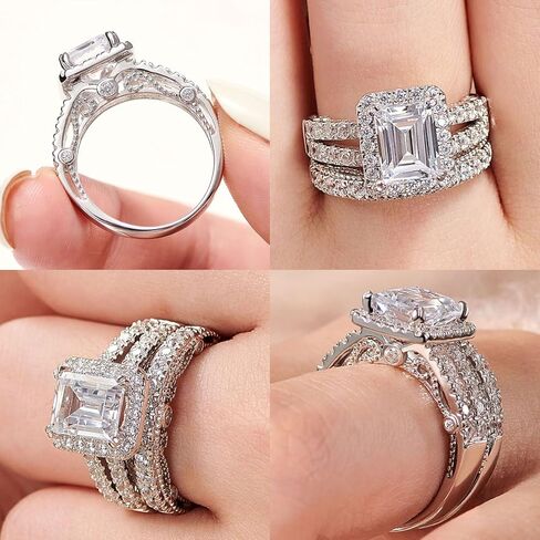 Wuziwen 4 Carat Emerald Cut Sterling Silver Engagement Rings Wedding Ring Set for Women with 3.5mm Eternity Ring for Her Vintage Cubic Zirconia Stackable Ring Enhance SZ 8 in Saudi Arabia