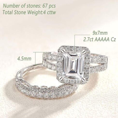Wuziwen 4 Carat Emerald Cut Sterling Silver Engagement Rings Wedding Ring Set for Women with 3.5mm Eternity Ring for Her Vintage Cubic Zirconia Stackable Ring Enhance SZ 8 in Saudi Arabia