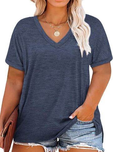 2XL Womens Tops Plus Size V Neck T Shirts Loose Fit Summer Tees Navy Blue 18W in Saudi Arabia