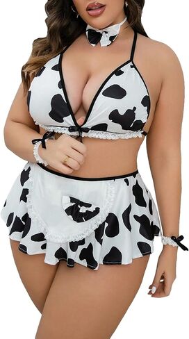 WDIRARA Women's Plus Size Cow Print Maid Costume Lace Trim Bralette and Skirt Lingerie Set with Choker in Saudi Arabia