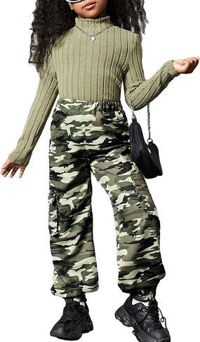 COZYEASE Girl's 2 Piece Outfits Turtleneck Long Sleeve Ribbed Knit Tees and Camo Pants with Flap Pockets in Saudi Arabia