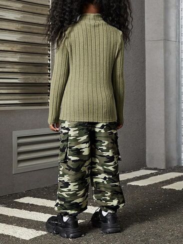 COZYEASE Girl's 2 Piece Outfits Turtleneck Long Sleeve Ribbed Knit Tees and Camo Pants with Flap Pockets in Saudi Arabia