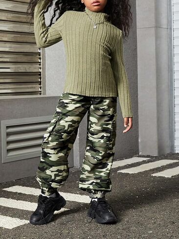 COZYEASE Girl's 2 Piece Outfits Turtleneck Long Sleeve Ribbed Knit Tees and Camo Pants with Flap Pockets in Saudi Arabia