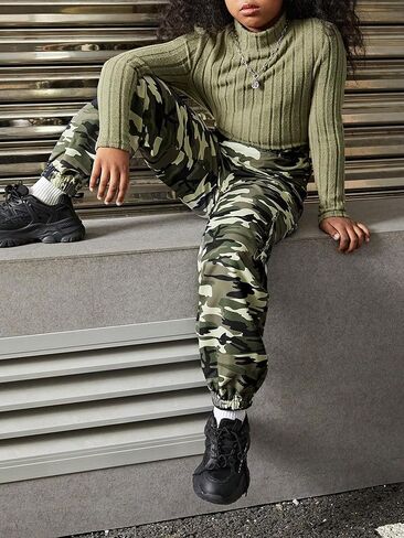 COZYEASE Girl's 2 Piece Outfits Turtleneck Long Sleeve Ribbed Knit Tees and Camo Pants with Flap Pockets in Saudi Arabia
