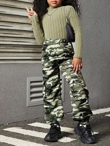 COZYEASE Girl's 2 Piece Outfits Turtleneck Long Sleeve Ribbed Knit Tees and Camo Pants with Flap Pockets in Saudi Arabia