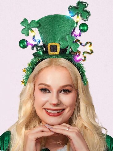 GORTIN تضيء عصابة رأس عيد القديس باتريك LED باللون الأخضر Leprechaun أعلى قبعة رأس شامروك الأيرلندية عصابة شعر Rave Party Holiday زي إكسسوارات الشعر للنساء والفتيات in Kuwait