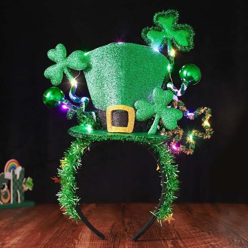 GORTIN تضيء عصابة رأس عيد القديس باتريك LED باللون الأخضر Leprechaun أعلى قبعة رأس شامروك الأيرلندية عصابة شعر Rave Party Holiday زي إكسسوارات الشعر للنساء والفتيات in Kuwait