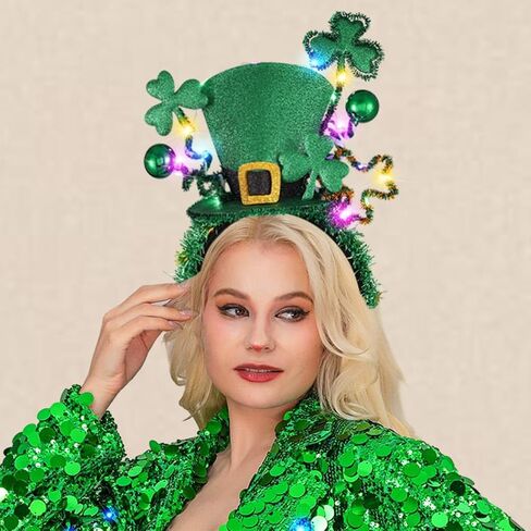 GORTIN تضيء عصابة رأس عيد القديس باتريك LED باللون الأخضر Leprechaun أعلى قبعة رأس شامروك الأيرلندية عصابة شعر Rave Party Holiday زي إكسسوارات الشعر للنساء والفتيات in Kuwait