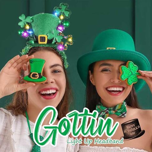 GORTIN تضيء عصابة رأس عيد القديس باتريك LED باللون الأخضر Leprechaun أعلى قبعة رأس شامروك الأيرلندية عصابة شعر Rave Party Holiday زي إكسسوارات الشعر للنساء والفتيات in Kuwait