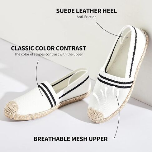 BABUDOG Womens Espadrilles Breathable Flats Shoes Mesh Slip on Loafers Soft White Flats in Kuwait