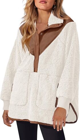 Panadila Womens Half Snap Fleece Pullover Oversized Fuzzy Sweatshirt with Pockets Trendy Warm Sherpa Sweater in Saudi Arabia