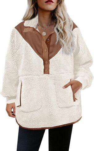 Panadila Womens Half Snap Fleece Pullover Oversized Fuzzy Sweatshirt with Pockets Trendy Warm Sherpa Sweater in Saudi Arabia