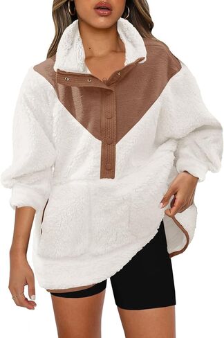 Panadila Womens Half Snap Fleece Pullover Oversized Fuzzy Sweatshirt with Pockets Trendy Warm Sherpa Sweater in Saudi Arabia