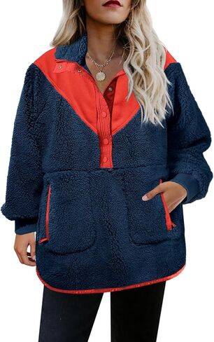 Panadila Womens Half Snap Fleece Pullover Oversized Fuzzy Sweatshirt with Pockets Trendy Warm Sherpa Sweater in Saudi Arabia