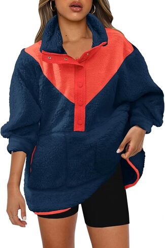 Panadila Womens Half Snap Fleece Pullover Oversized Fuzzy Sweatshirt with Pockets Trendy Warm Sherpa Sweater in Saudi Arabia