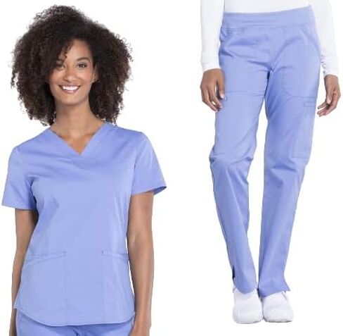 مجموعة ملابس العمل النسائية الاحترافية WW665 بلوزة برقبة على شكل حرف V وWW170 متوسطة الارتفاع مستقيمة الساق قابلة للسحب على البضائع، Ciel- S Top/S Pant in Kuwait