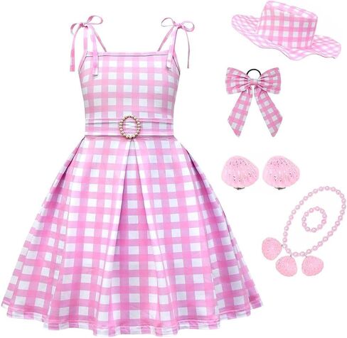 Ubeufun Pink and White Gingham Dress with Necklace Earrings Hat Halloween Costume Movie Cosplay Outfit Girls Party Dress in Kuwait