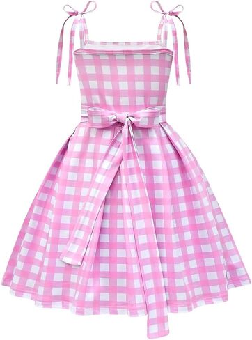 Ubeufun Pink and White Gingham Dress with Necklace Earrings Hat Halloween Costume Movie Cosplay Outfit Girls Party Dress in Kuwait