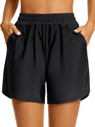 Women's Swim Shorts High Waisted Swimwear Board Shorts Bathing Suit Bottoms Swimming Boy Shorts with Pockets in Kuwait