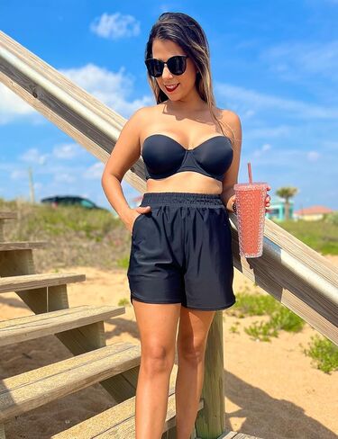 Women's Swim Shorts High Waisted Swimwear Board Shorts Bathing Suit Bottoms Swimming Boy Shorts with Pockets in Kuwait