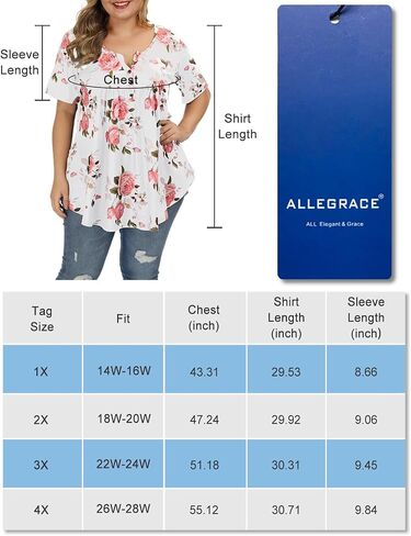 تي شيرت نسائي من ALLEGRACE مقاس كبير تونيك صيفي بأكمام قصيرة ورقبة على شكل حرف V وبلوزات مكشكشة وأزرار علوية in Saudi Arabia
