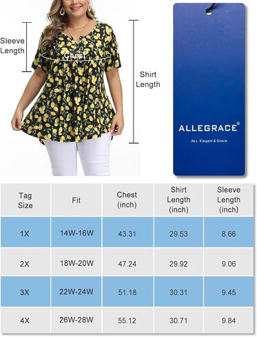 تي شيرت نسائي من ALLEGRACE مقاس كبير تونيك صيفي بأكمام قصيرة ورقبة على شكل حرف V وبلوزات مكشكشة وأزرار علوية in Saudi Arabia
