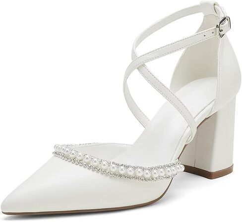 YWXYMGE High Block Heel Wedding Shoes for Bride Closed Toe Pearl Bridal Shoes Women Chunky Heels in Saudi Arabia