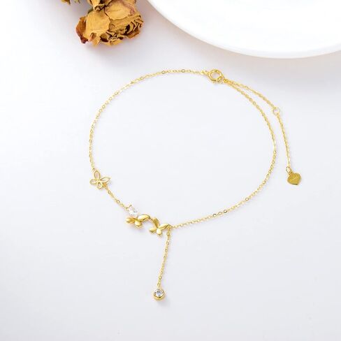 14K Real Gold Butterfly Anklet for Women,Yellow Gold Butterfly Anklets Bracelets Beads Station Anklet Double Foot Link Beach Anklets Anniversary Birthday Jewelry Gifts for Wife Girlfriend 8''+2'' in Saudi Arabia