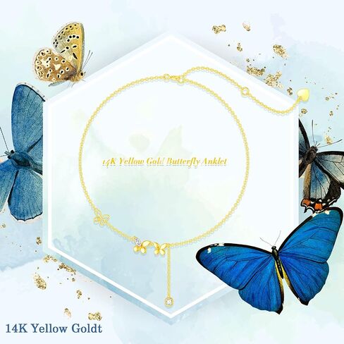 14K Real Gold Butterfly Anklet for Women,Yellow Gold Butterfly Anklets Bracelets Beads Station Anklet Double Foot Link Beach Anklets Anniversary Birthday Jewelry Gifts for Wife Girlfriend 8''+2'' in Saudi Arabia