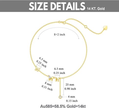 14K Real Gold Butterfly Anklet for Women,Yellow Gold Butterfly Anklets Bracelets Beads Station Anklet Double Foot Link Beach Anklets Anniversary Birthday Jewelry Gifts for Wife Girlfriend 8''+2'' in Saudi Arabia