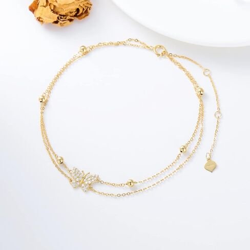 SISGEM Solid 14K Gold butterfly anklet bracelets for Women, Real Gold Layered Beach Foot Anklets for Women Fine Jewelry Anniversary Birthday Gift for Wife, Mom, 8''+2'' in Saudi Arabia
