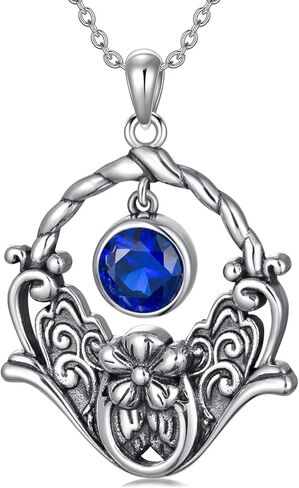 Althum 1CT Lab Grown Blue Sapphire Vintage Necklace 925 Sterling Silver 6.5mm Round Sapphire Retro Filigree Necklace September Birthstone Sapphire Necklace with 18+2inch Chain for Women Gift in Kuwait