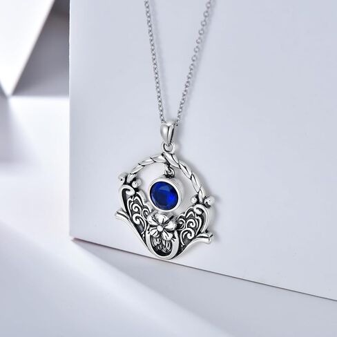 Althum 1CT Lab Grown Blue Sapphire Vintage Necklace 925 Sterling Silver 6.5mm Round Sapphire Retro Filigree Necklace September Birthstone Sapphire Necklace with 18+2inch Chain for Women Gift in Kuwait
