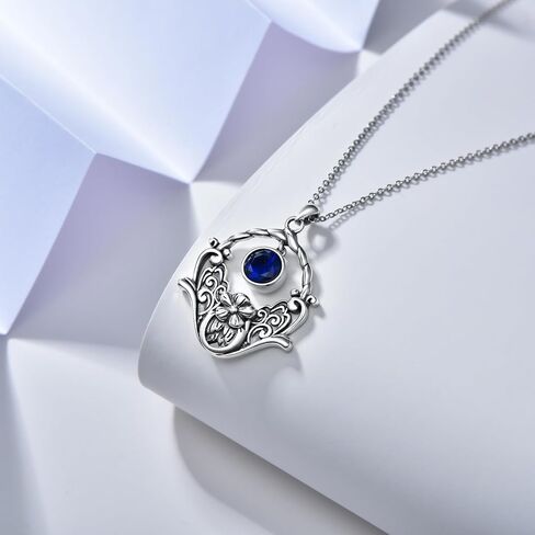 Althum 1CT Lab Grown Blue Sapphire Vintage Necklace 925 Sterling Silver 6.5mm Round Sapphire Retro Filigree Necklace September Birthstone Sapphire Necklace with 18+2inch Chain for Women Gift in Kuwait