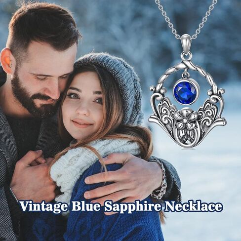 Althum 1CT Lab Grown Blue Sapphire Vintage Necklace 925 Sterling Silver 6.5mm Round Sapphire Retro Filigree Necklace September Birthstone Sapphire Necklace with 18+2inch Chain for Women Gift in Kuwait