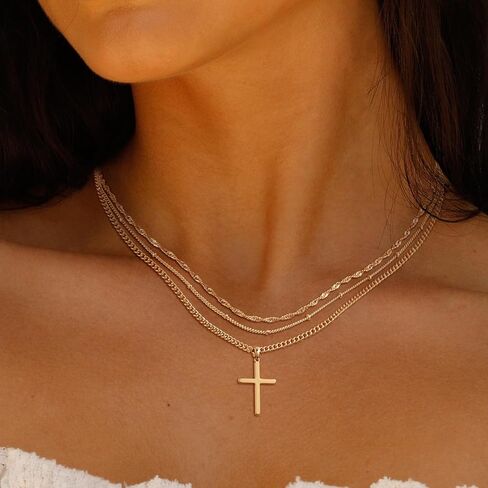 Cross Gold Layered Choker Neckalce for Women Dainty Cross Layering Pendant Necklace 14K Gold Plated Simple Trendy Jewelry for Girls in Kuwait