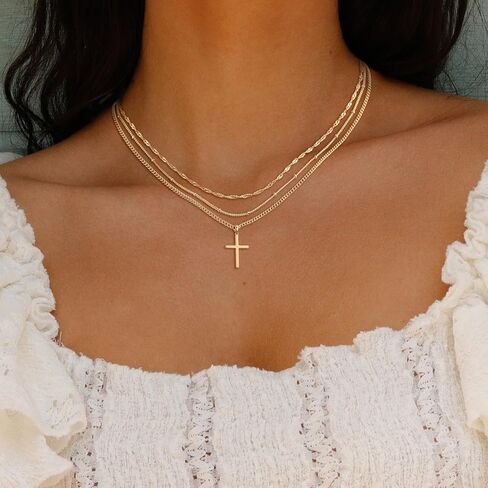 Cross Gold Layered Choker Neckalce for Women Dainty Cross Layering Pendant Necklace 14K Gold Plated Simple Trendy Jewelry for Girls in Kuwait
