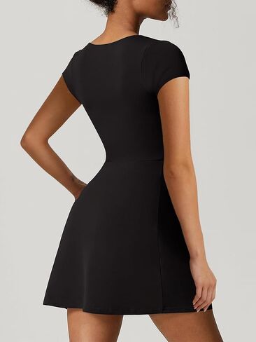Women's Athletic Tennis Dress with Shorts Square Neck Short Sleeve Workout Golf Side Slit Casual Mini Dress in Saudi Arabia