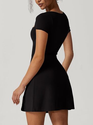 Women's Athletic Tennis Dress with Shorts Square Neck Short Sleeve Workout Golf Side Slit Casual Mini Dress in Saudi Arabia