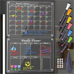 2 Pack Acrylic Magnetic Dry Erase Board for Fridge, Magnetic Calendar for Refrigerator with 6 Markers, Magnetic Acrylic Calendar for Fridge, Clear Planning Boards Fridge Calendar