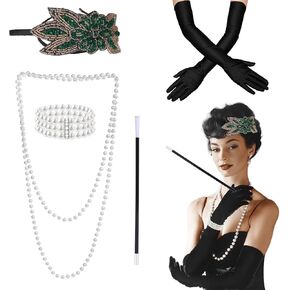 1920S Costume Accessories Set for Women, Exquisite Glitter Headband Vintage Necklace Gloves Costume for Women Girl 20s Party