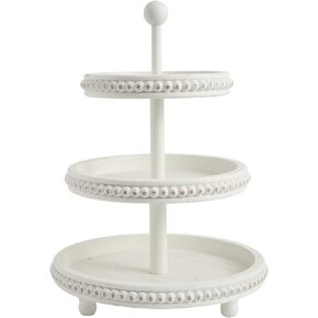 Farmhouse 3 Tier Tray, White Three Tiered Tray Wood Stand with Shabby Chic Beaded for Home & Kitchen or Coffee Bar Decorations, 12.4 x 12.4 x 16.5 inchs