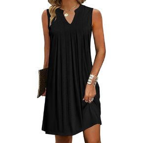 HOTOUCH Women Casual A-Line Dress with Pockets 2024 Sleeveless V Neck Pleated Sundress Loose T-Shirt Work Office Dresses
