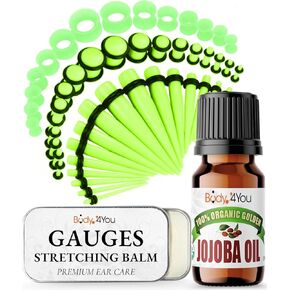 طقم 55 قطعة لتمديد الأذن من BodyJ4You 14G-12mm - بلسم تمدد الأذن بزيت الجوجوبا للعناية اللاحقة - سدادات أكريليك خضراء قياس أنفاق السيليكون - موسعات خفيفة الوزن للرجال والنساء in Kuwait