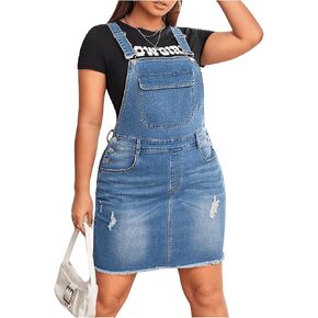 Floerns Women's Plus Size Ripped Raw Hem Denim Overall Pinafore Dress Without Tee