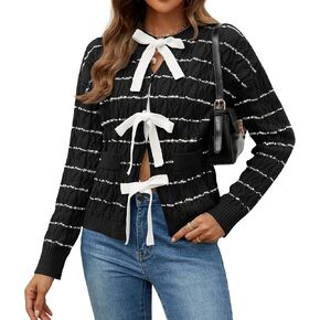 ZESICA Women's Long Sleeve Open Front Cardigan Sweater 2024 Fall Winter Striped Tie Front Loose Chunky Knit Coats