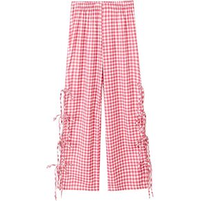 LONGBIDA Lounge Pants Women Wide Leg Loose Elastic Waist Plaid Pajama Bottoms With Pockets Side Slit Pants