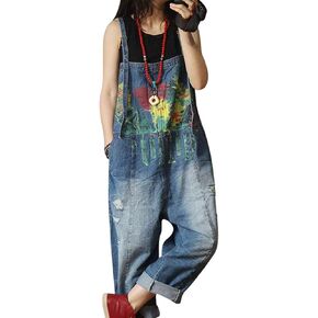 YESNO Women Casual Loose Denim Jumpsuits Rompers Boyfriend Plus Size Baggy Jeans Overalls Hand Printed Distressed Poled/Pockets P49 (2XL P60 Blue)